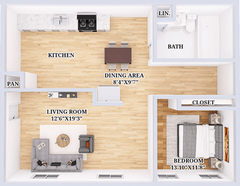 a floor plan of a living room with a kitchen and a dining area