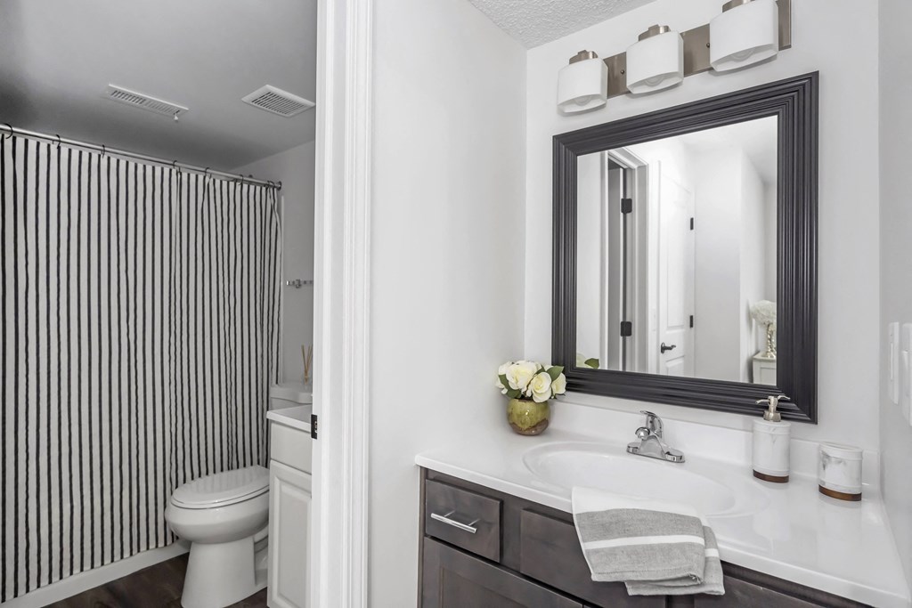Bathroom with a sink and a toilet and a mirror at Tall Timber Apartments, 45241