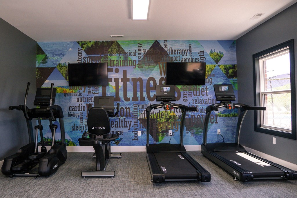 a workout room with exercise equipment and a mural on the wall