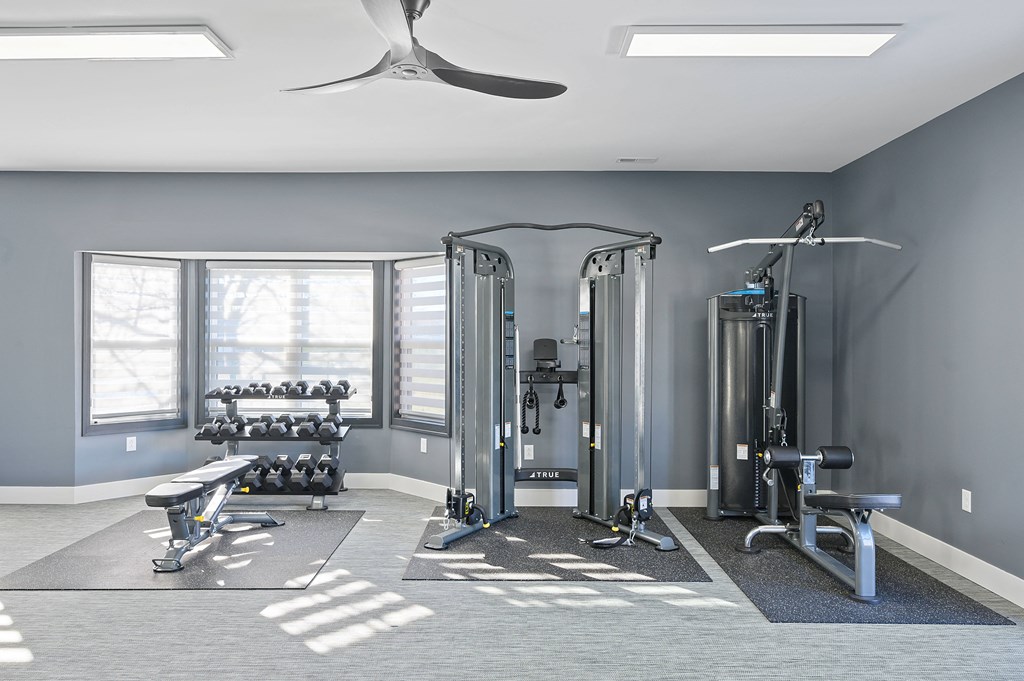 a home gym with exercise equipment and a ceiling fan
