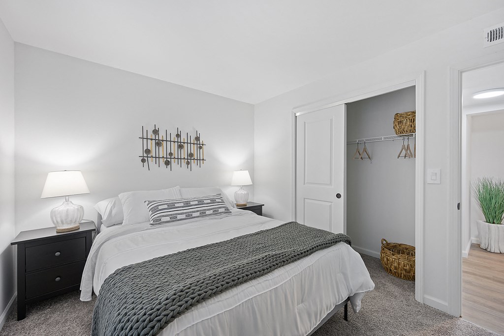 a bedroom with a bed and a closet