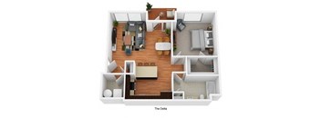 A 3D floor plan of a small apartment named The Delta.