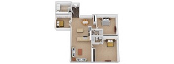 A floor plan of a two-story home with a living room, dining room, kitchen, and bedrooms.