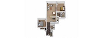 A 3D floor plan of a house with a kitchen, living room, and two bedrooms.
