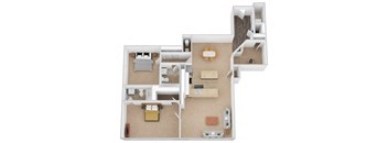 Two bedroom apartment 3D floor plan view at Renaissance at the Power Building Apartments, Ohio, 45202