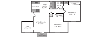 A floor plan of a house with a kitchen, living room, dining area, bathroom, and three bedrooms.