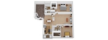A 3D floor plan of a small apartment with a living room, kitchen, and bedroom.