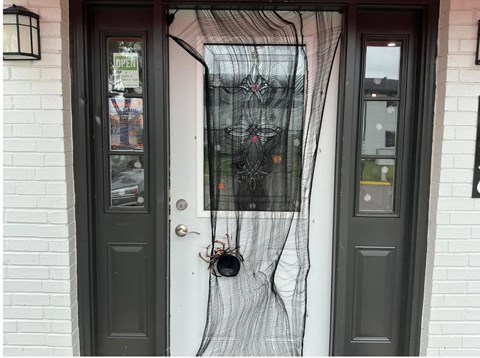 A door with a spider web hanging on it.