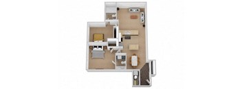 A 3D floor plan of a house with a kitchen, living room, and two bedrooms.
