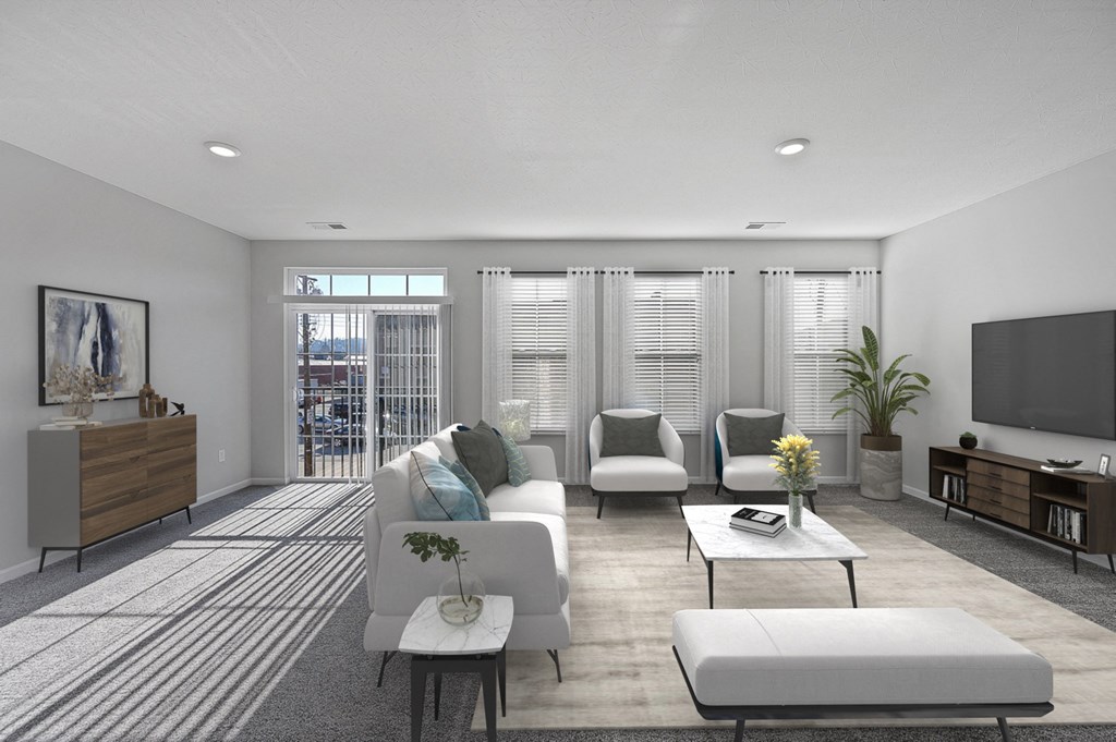 an open living room with a couch and chairs and a television at Monmouth Row Apartments, Kentucky