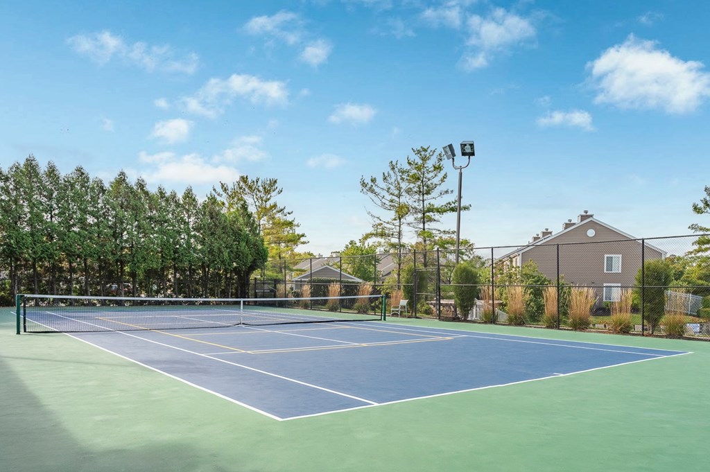 A tennis court surrounded by trees and a residential area.