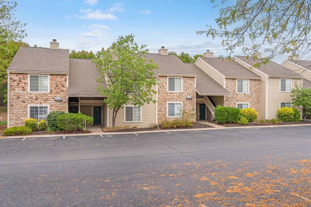 A row of houses with a tree in front of them.