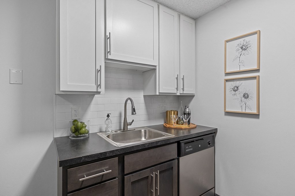 Kitchen with white cabinets and a stainless steel sink  at Timber Glen Apartments, Batavia