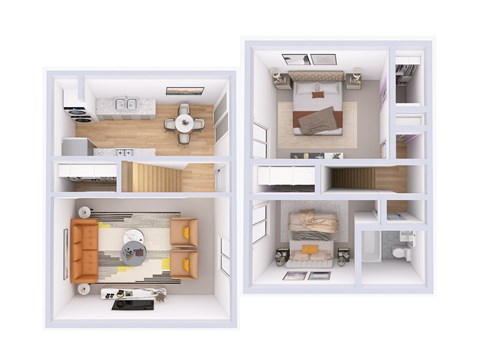 A diagram of a two-bedroom apartment with a living room, kitchen, and bathroom.