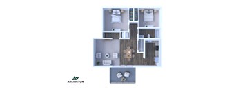 a 3d furnished floor plan of a 1 bedroom apartment