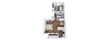 a stylized floor plan with a bedroom and a bathroom