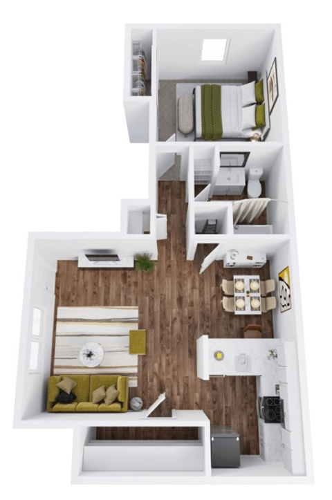 a stylized floor plan with a bedroom and a bathroom