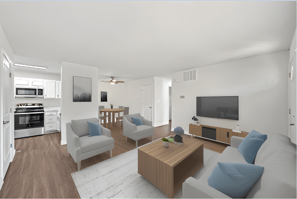 a rendering of a living room and kitchen in an apartment