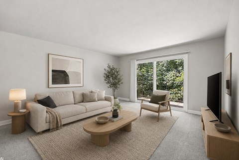 A living room with a couch, a chair, a coffee table, and a television.