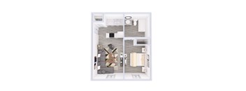 A top down view of a small apartment with a kitchen, living room and bathroom.