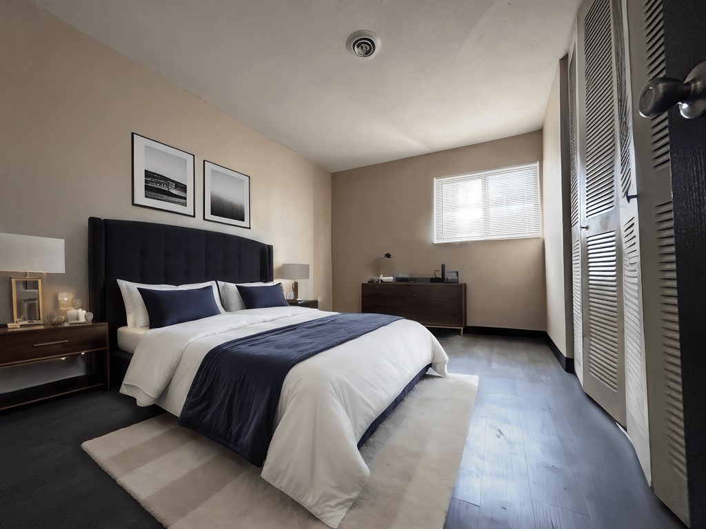 a bedroom with a bed and a dresser and a window