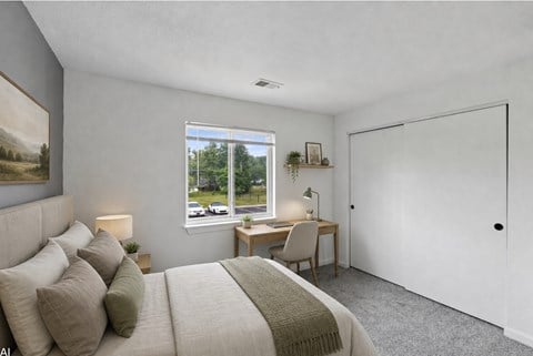 A bedroom with a large bed and a desk with a chair.