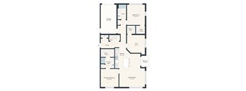 A floor plan of a house with a living room, two bedrooms, a bathroom, a kitchen, a garage, and a foyer.