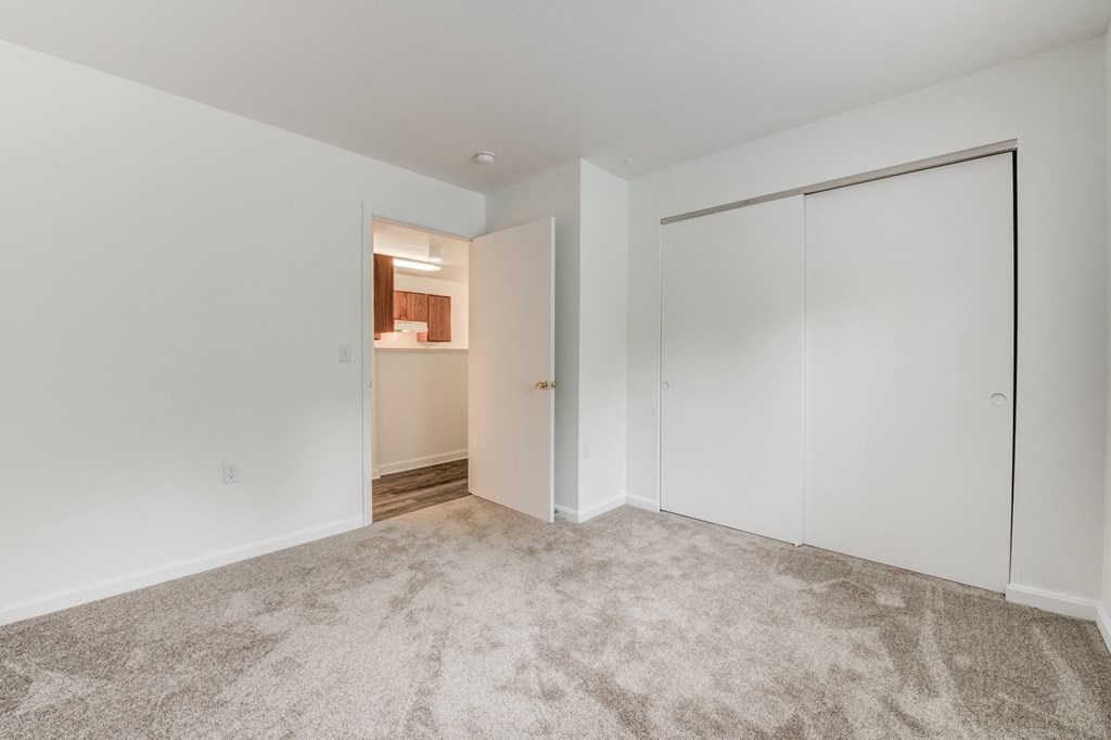 a bedroom with white walls and carpet and a closet