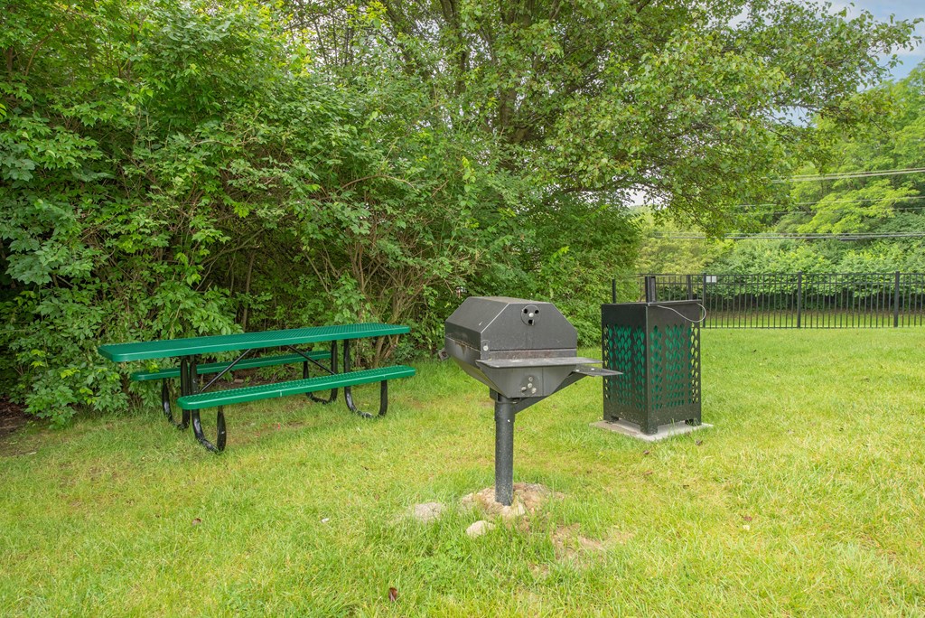 a picnic table and a grill in a park at The Woodridge Collection, Fairfield, OH 45014