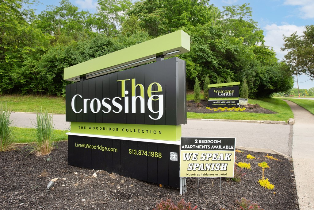 the crossing monument sign at the entrance to the park at The Woodridge Collection, Fairfield, OH 45014