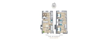 A floor plan of a two-story apartment with two bedrooms, two bathrooms, a living room, a dining room, and a kitchen.