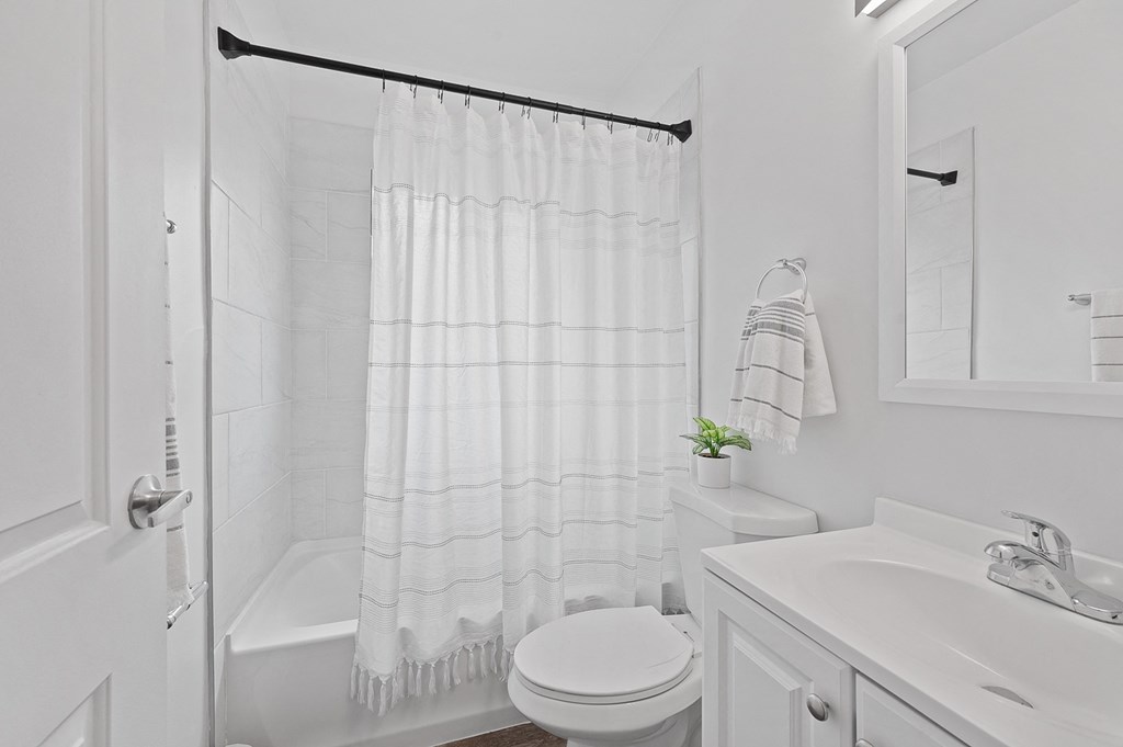 a white bathroom with a shower and a toilet and a sink
