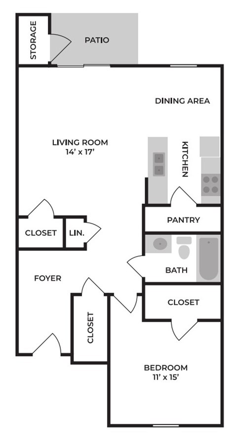 A floor plan of a home with a living room, dining area, kitchen, pantry, bath, closet, foyer, and bedroom.