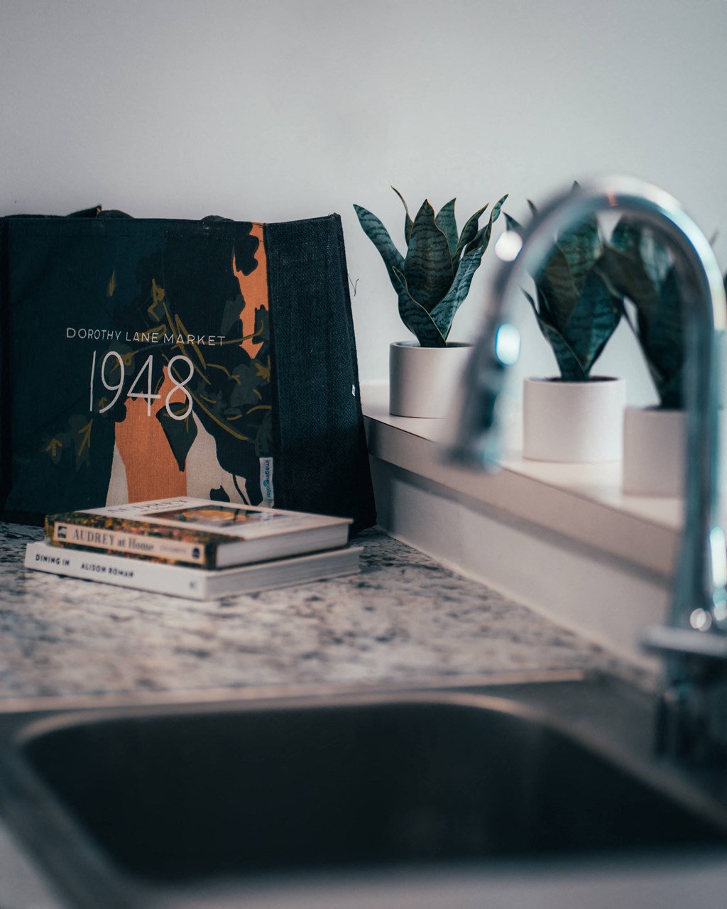 a bathroom sink with a book and plants on a shelf