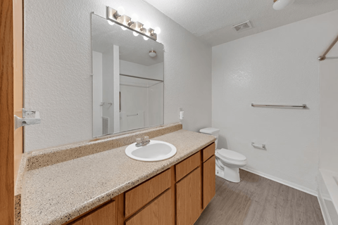 A bathroom with a sink, mirror, toilet and a shower.
