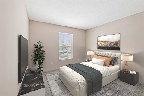 Modern bedroom with upholstered bed and artwork at Sharon Glen Apartments, Columbus, Ohio