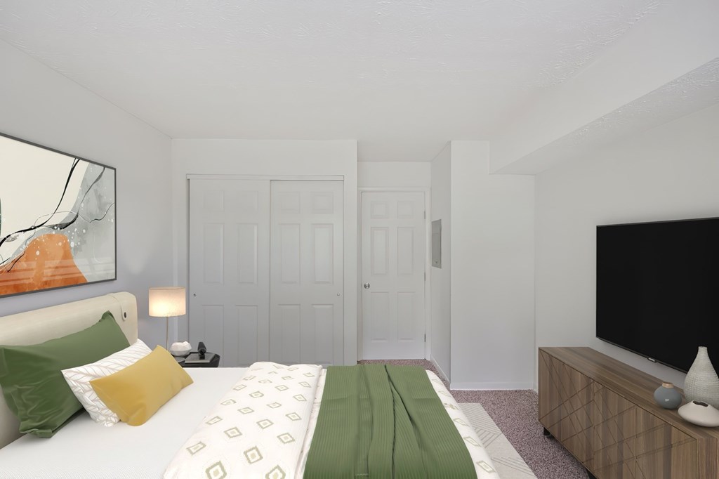 A bedroom with a bed, a lamp, a painting, and a television.