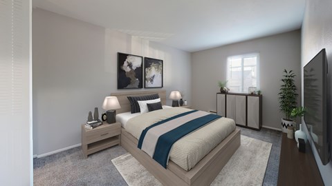 A modern bedroom with a large bed and a television.