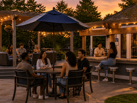 A group of people are sitting around a table under a blue umbrella.