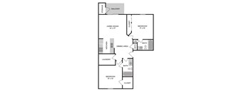 A floor plan of an apartment with a living room, dining area, kitchen, laundry, and three bedrooms.