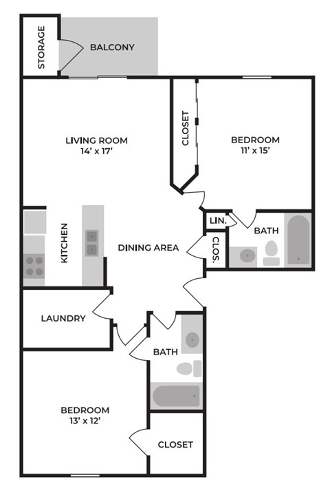 A floor plan of an apartment with a living room, dining area, kitchen, laundry, and three bedrooms.