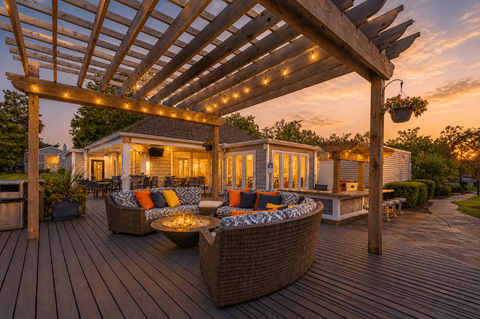 A wooden deck with a pergola and outdoor furniture.