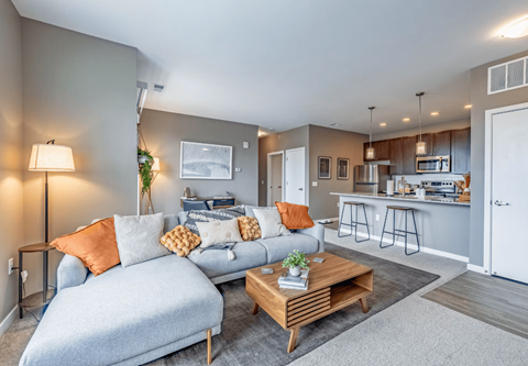 A living room with a grey couch and a wooden coffee table.