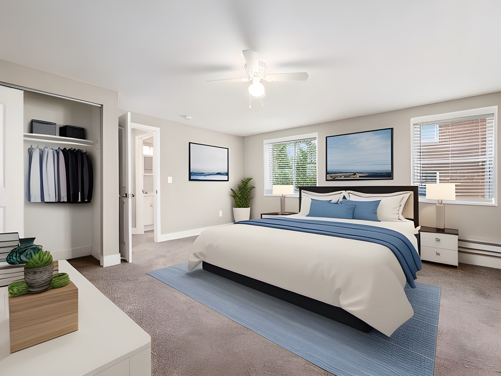 a bedroom with a bed and a closet