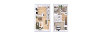 A floor plan of a two-bedroom apartment with a living room and a kitchen.