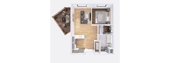 A top-down view of a modern apartment layout with a kitchen, living room, and bedroom.