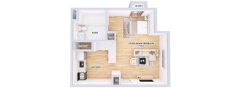A diagram of a small apartment with a living room, kitchen, bathroom, and closet.