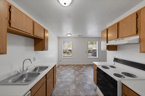 A kitchen with a sink, stove, and oven.