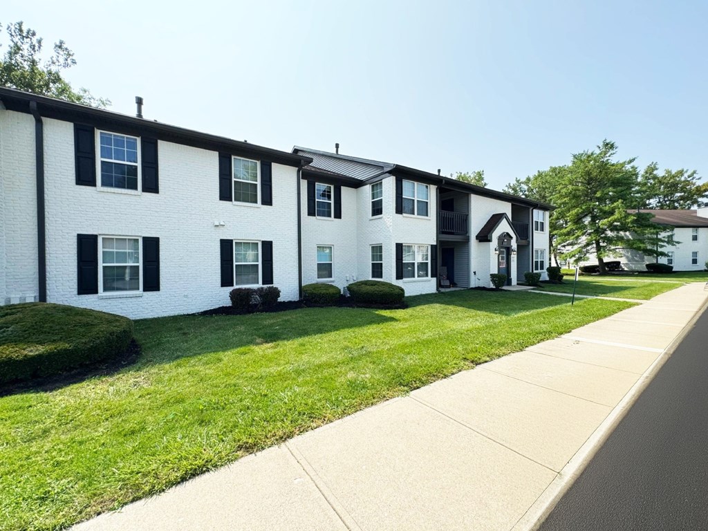A row of white houses with black shutters.
