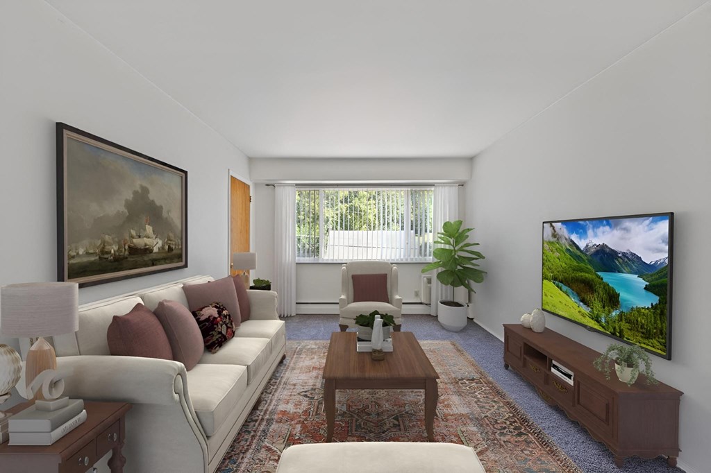 a living room with a couch and a coffee table and a television